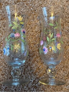 Hand-Painted Floral Glass Hurricane Vases - Pink, Yellow & Blue